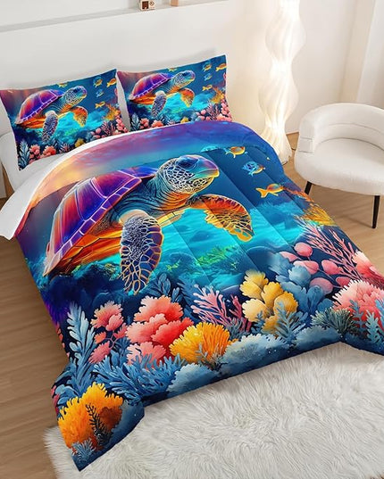 Ocean Bedding Turtle Comforter Set Full Size,Undersea World Bedding Collections for Kids Teens Boys Room Decor,Colorful Coral Aquatic Plants Beach Themed Bedding with 2 Pillowcases.