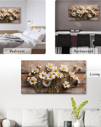 KZKU Rustic Daisy Canvas Wall Art-Large Farmhouse Floral Print- White Flowers on Weathered Wood Background- Modern Decor for Living Room Bedroom 24X48in