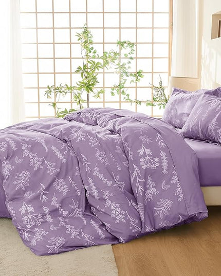 MUXHOMO Grayish Purple Bed in a Bag King 7 Pieces, King Comforter Set Reversible Botanical Flowers Design, Ultra Soft & Breathable Bedding Sets with Comforter, Sheets, Pillowcases & Shams