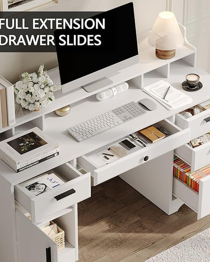 Executive Desk with Hutch, 58 Inch White Computer Desk with 5 Drawers, Home Office Desk with Storage, Rustic Desk with Adjustable Shelves and Storage Cabinet for Bedroom