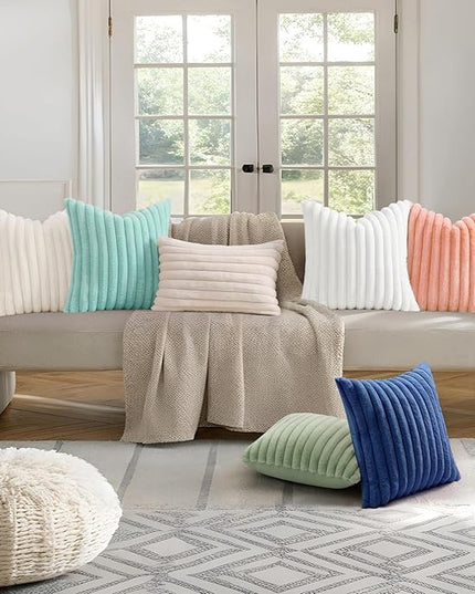 decorUhome Faux Fur Spring Throw Pillow Covers 24x24 Set of 2, Decorative Soft Plush Striped Neutral Couch Euro Pillow Covers with Velvet Back for Sofa, Bed, Living Room Home Decor, Blush Pink
