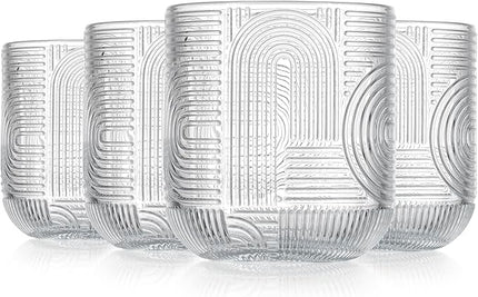 Glaver's Whiskey Glasses 13 oz Rocks Glass Double Old Fashioned Set of 4 DOF Home Bar Thick Glasses Embossed Designed Elegant Clear Modern Vintage Drinking Glassware