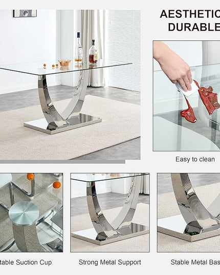 63” Glass Dining Table Set for 4,Modern Dining Room Table Set for 4, Kitchen Table and PU Leather Chairs, Dinner Table with Rectangle Tempered Glass Top and Chrome Silver Base