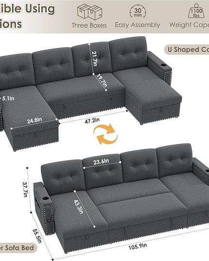 HIFIT 106" Sectional Couches for Living Room- Pull Out Sleeper Sofa Couch w/Storage Chaise,Storage Armrest,LED Light&USB Port&Cupholder, Modern Linen U Shaped Home Sofa Living Room Furniture Set, Grey