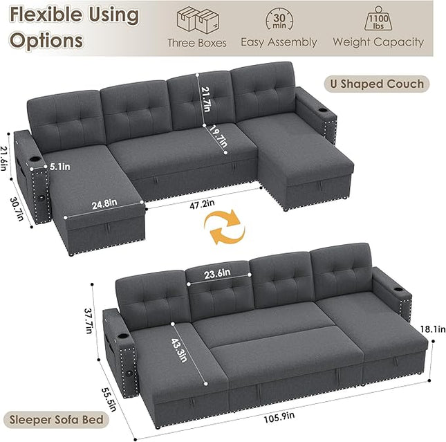 HIFIT 106" Sectional Couches for Living Room- Pull Out Sleeper Sofa Couch w/Storage Chaise,Storage Armrest,LED Light&USB Port&Cupholder, Modern Linen U Shaped Home Sofa Living Room Furniture Set, Grey