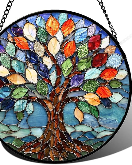Stained Glass Window Hanging, Colorful Tree of Life Sun Catchers Glass Panel Blue Suncatcher Decor for Birthday for Women, Men, Wife, Aunt, and Mom 6.3 in