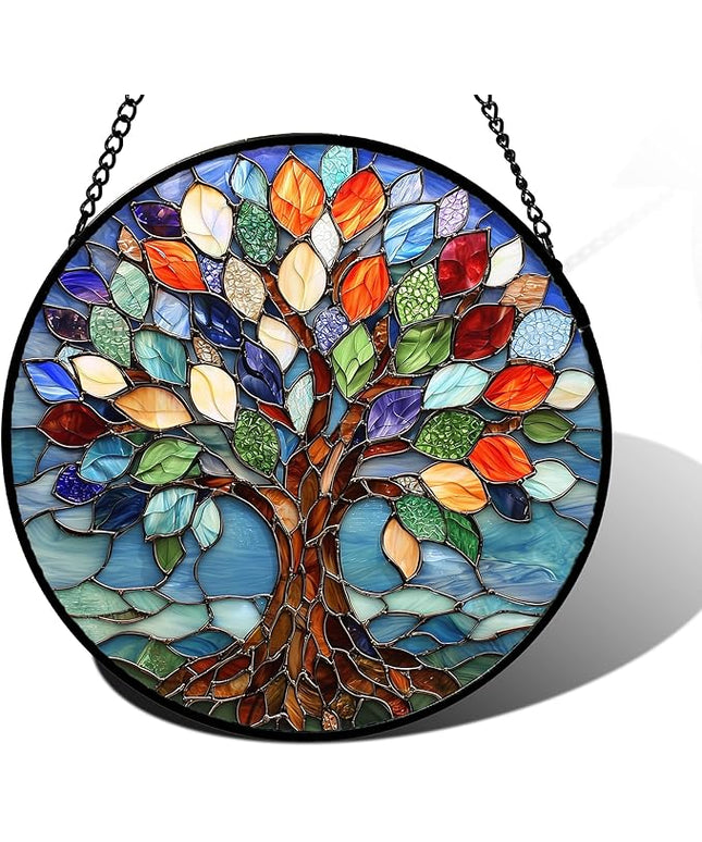 Stained Glass Window Hanging, Colorful Tree of Life Sun Catchers Glass Panel Blue Suncatcher Decor for Birthday for Women, Men, Wife, Aunt, and Mom 7.8 in