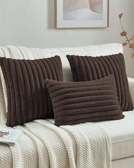 FUTEI Dark Coffee Throw Pillow Covers Set of 2, 12x20 Inch Striped Texture Lumbar Pillow Cases with Soft Faux Rabbit Fur Front & Velvet Back, Modern Decorative Couch Pillows for Living Room