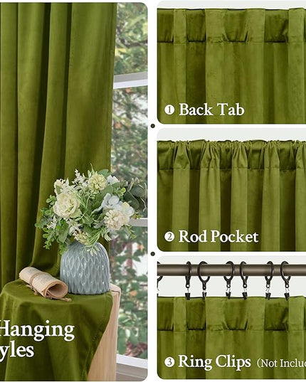 LAMIT Moss Green Velvet Blackout Curtains 72 Inch, Vintage Thermal Insulated Room Darkening Drapes for Living Room Back Tab and Rod Pocket Privacy Window Panels for Bedroom, 2 Panels, 52 x 72 Inch