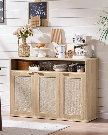 LEYAOYAO Rattan Sideboard Buffet Cabinet,45" Coffee Bar Cabinet with 3 Doors & Open Storage Shelf,Modern Credenza Console Table for Living Room Rattan Farmhouse entryway Natural