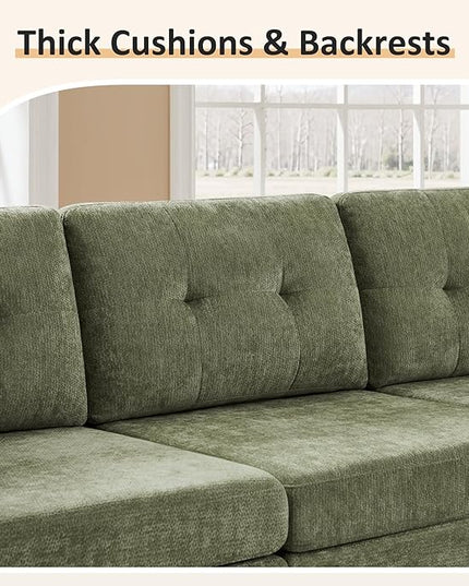 VANOMi 4 Seater Cloud Couches for Living Room with 2 Ottomans, 118" Modular Sectional Sofas & Couches, Comfy Chenille Cloud Sectional Couch Sofa for Apartment, Office, Green, U Shaped