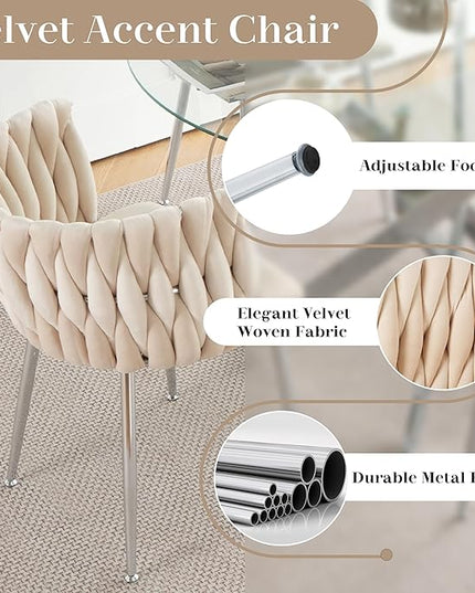 Silver Glass Dining Room Table Set for 6, 51'' Modern Luxury Rectangular Dinner Table Set, 7 PCS Clear Glass Top Minimalist Kitchen Table Set, Ivory Woven Dining Chair for Small Apartment