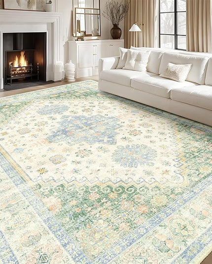 MUJOO 8x10 Area Rugs,Washable Rugs for Living Room Dining Room Bedroom,Large Boho Throw Carpet,Non Slip Big Indoor Low Pile Light Green and Blue
