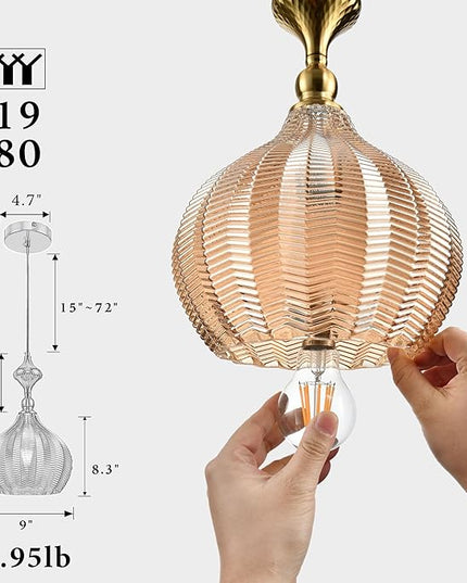 Modern Glass Pendant Light, 9"x15.3" Amber Sunset-Striped Hanging Fixture with Gold Cap, 15"-72" Adjustable Line, E26 Socket for Entryway or Bar Area – Sunset Gold Chalice