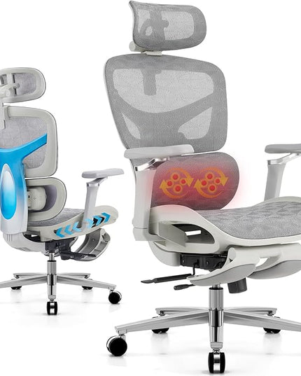 Ergonomic Home Office Desk Chair with Massage Lumbar Support，4D Headrest & 5D Armrests, Reclining Big and Tall 400LBS Mesh Chair with Footrest，Adjustable Back High and Seat Depth(Gray)