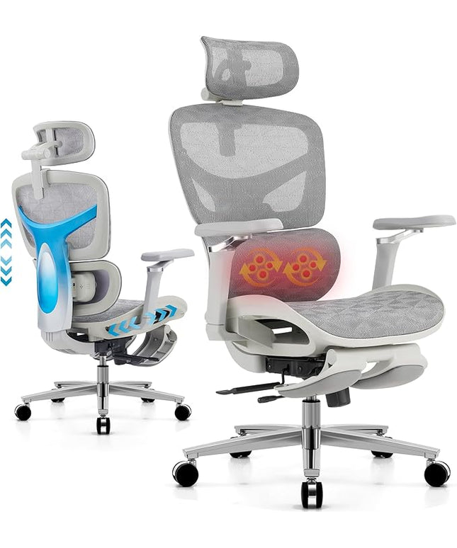 Ergonomic Home Office Desk Chair with Massage Lumbar Support，4D Headrest & 5D Armrests, Reclining Big and Tall 400LBS Mesh Chair with Footrest，Adjustable Back High and Seat Depth(Gray)