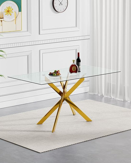 51" Glass Dining Table Set for 6, Modern Dining Room Table Set for 6, Gold X-Shape Pedestal Glass Table with 6pcs Beige Dining Chairs, 7 Piece Dining Set for Dining Living Room