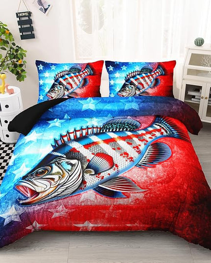 AILONEN Pike Fish Bedding Set Twin Size - Red and Blue Bass Big Fishing Comforter Set with 2 Pillowcases,3-Piece Hunting Bedding