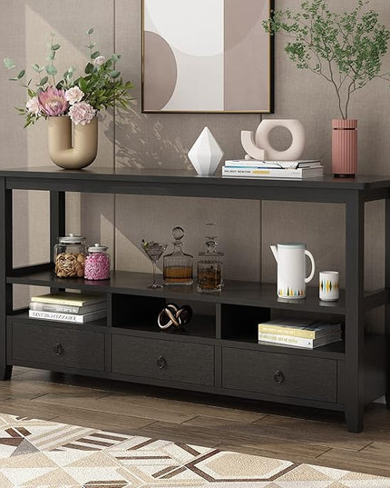 Karl home Console Table with 3 Bottom Drawers, 57.9" W Sofa Side Table Entryway Desk with 3 Storage Cubbies 1 Open Shelf, Vintage TV Stand for Hallway Living Room Office, Black 29.9" H