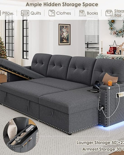 HIFIT 106" Sectional Couches for Living Room- Pull Out Sleeper Sofa Couch w/Storage Chaise,Storage Armrest,LED Light&USB Port&Cupholder, Modern Linen U Shaped Home Sofa Living Room Furniture Set, Grey