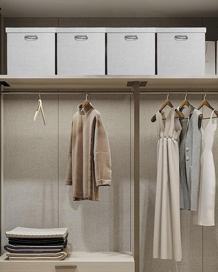 Posprica Storage Bins with Lids,13×13×13 Foldable Storage Cube Baskets Boxes Fabric Drawers for Closet Shelf Cabinet Bookcase,Set o f 4,Sliver grey