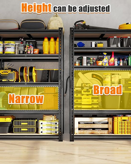 72.12" H Garage Shelving, Storage Shelves Load 2100LBS, 5-Tier Adjustable Shelving Unit with Thickened Wooden Boards for Multiple Scenarios, 72.12" H x 35.55" W x 11.85" D, Black, 4 Pack