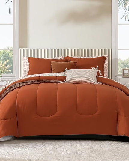 Monbix Full Comforter Set - 7 Pieces Burnt Orange Bed in a Bag Full Size Track Stitching Bedding Sets, All Seasons Down Alternative Comforter with Sheets,Pillowcases & Shams