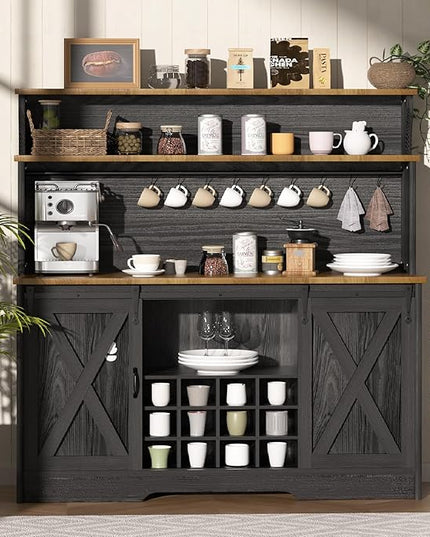 55'' Farmhouse Coffee Bar Cabinet with 3 Tier Storage Hutch, Coffee Bar Station with Sliding Barn Door, Hutch Storage Cabinet with 12 Wine Racks & 9 Hooks for Kitchen Dining Living Room