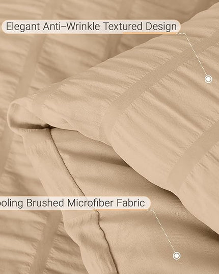 MUXHOMO 7 Pieces Queen Comforter Set, Seersucker Bed in a Bag Queen Size, All Season Luxury Bedding Set with Comforter, Flat Sheet, Fitted Sheet, Pillowcases & Shams, Khaki