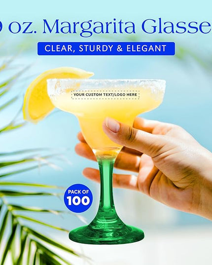 DISCOUNT PROMOS 100 Margarita Glasses Set, 9 oz. - Personalized Text, Logo - Classic, Smooth, Barware, Glassware - Green
