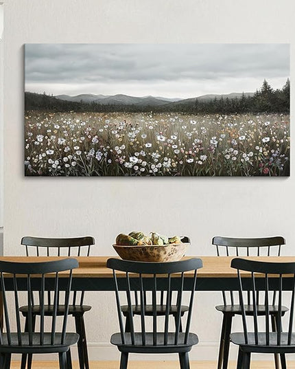 HGUAOA Vintage Landscape Wall Art for Bedroom and Living Room - Large Floral Artworks Farmhouse Wall Decor - Framed Neutral Nature Pictures - Above Bed Decor with Mountain Scenery 24×48IN