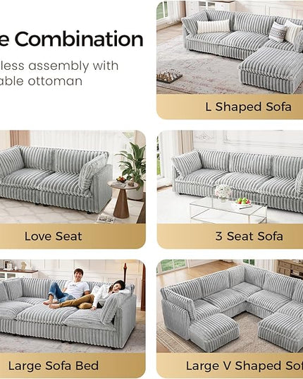 KKL Modular Sectional Couch for Living Room, L Shaped Corduroy Couches with 1 Ottomans, 4 Seater Oversized Sofa, Soft Fabric Modern Sofa, Grey