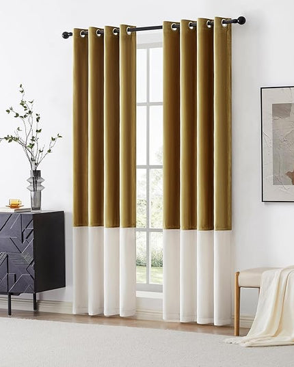 BULBUL Color Block Window Curtains Panels 72 inches Long Gold Ivory Velvet Farmhouse Drapes for Bedroom Living Room Darkening Treatment with Grommet Set of 2