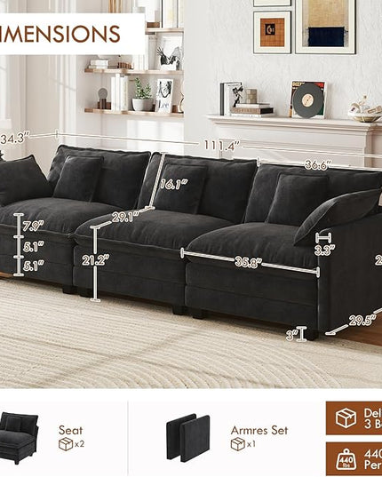 WorthFurni 111.4” Cloud Couch, Modular Sectional Sofa, Comfy Modern 3-Seater Couches with Pillows & Upholstered Deep Seat Cushion for Living Room Apartment Bedroom (Black)