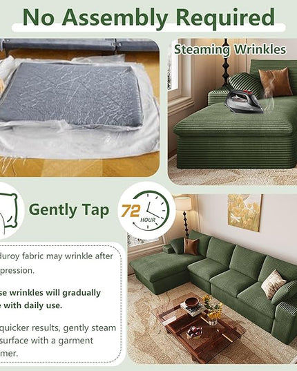 136" Cloud Couch Modular Sectional Sofa for Living Room, L-Shape Boneless Couch with Deep Seat, Modern Corduroy 4-Seater, No Assembly Required (Green,Left-Facing Chaise)