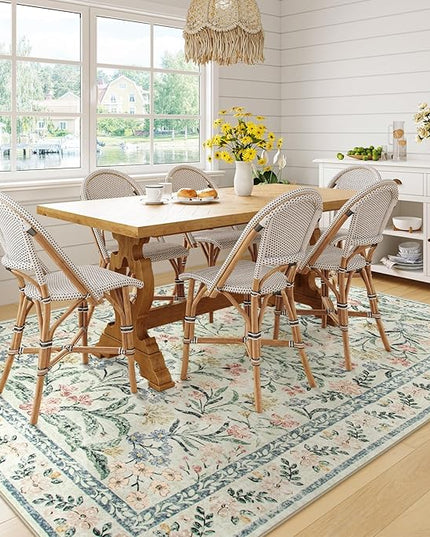 Wonnitar Washable 6x9 Area Rugs, Soft Floral Rug for Bedroom Kids Playroom Light Colored Carpet, Non Slip Ultra-Thin Indoor Beige Carpet for Living Room Classroom Office
