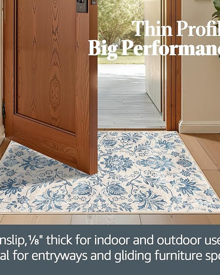 jinchan Torino Runner Rugs 3x8, Vintage-Inspired Floral Design Machine Washable Non-Slip Ultra-Thin Low-Pile Rubber Backing Traditional Rug for Kitchen Hallway Laundry Room Entryway Dark Blue