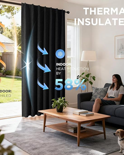 Joydeco Pinch Pleated Curtains - 100% Blackout for Bedroom, Black Linen Curtains 40" W x 63" L, Thermal Insulated 2 Panels Light Blocking Drapes, Back Tabs for Living Room