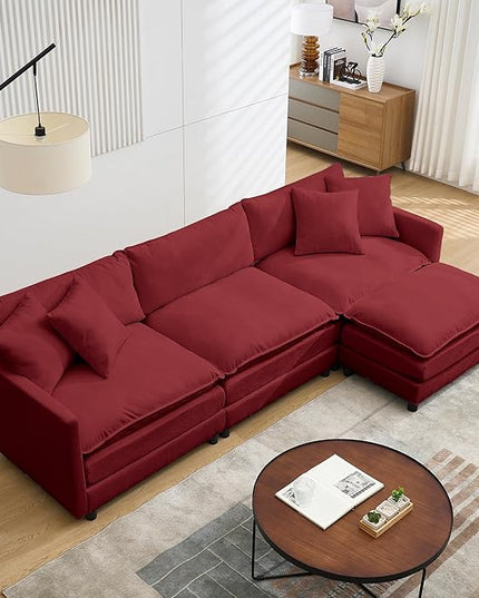 Modular Sectional Sofa,108.27'' Modern Sofa Sleeper Couch with 3 Seat & 1 Ottoman & 3 Pillows Sofa Set, Comfy Cloud Couches with Movable Ottoman for Living Room,Chenille (Wine red, L Shaped)