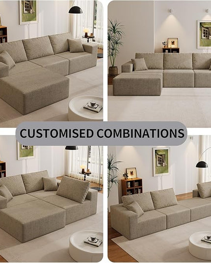 110" Boneless Cloud Sectional Couch for Living Room, Compressed Modular L-Shaped Sofa with Deep Seat, Frameless Corduroy Couch in Boxes, No Assembly Required 3-Seater (Left-Facing Chaise, Grey)