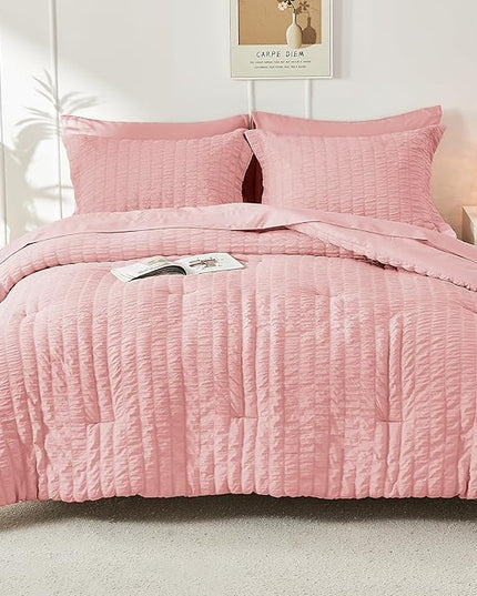 HYMOKEGE Rose Pink Queen Comforter Set Seersucker 7 Pieces, All Season Luxury Bed in a Bag Queen for Bedroom, Bedding Set with Comforter, Sheets, Pillowcases & Shams