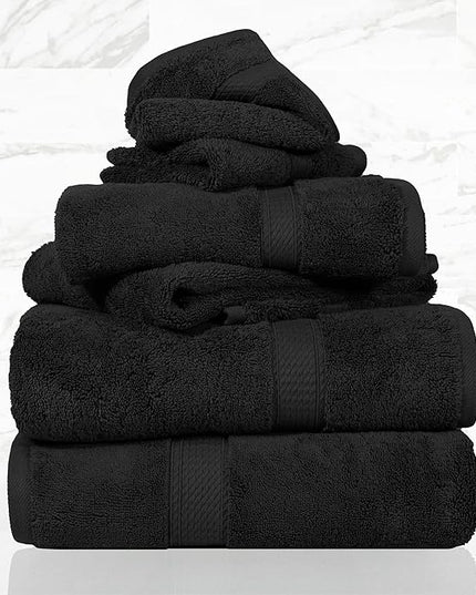 Superior Egyptian Cotton Pile 6 Piece Towel Set, Includes 2 Bath, 2 Hand, 2 Face Towels/Washcloths, Ultra Soft Luxury Towels, Thick Plush Essentials, Guest Bath, Spa, Hotel Bathroom, Black