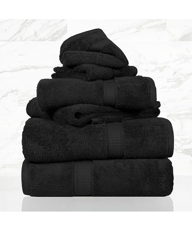 Superior Egyptian Cotton Pile 6 Piece Towel Set, Includes 2 Bath, 2 Hand, 2 Face Towels/Washcloths, Ultra Soft Luxury Towels, Thick Plush Essentials, Guest Bath, Spa, Hotel Bathroom, Black