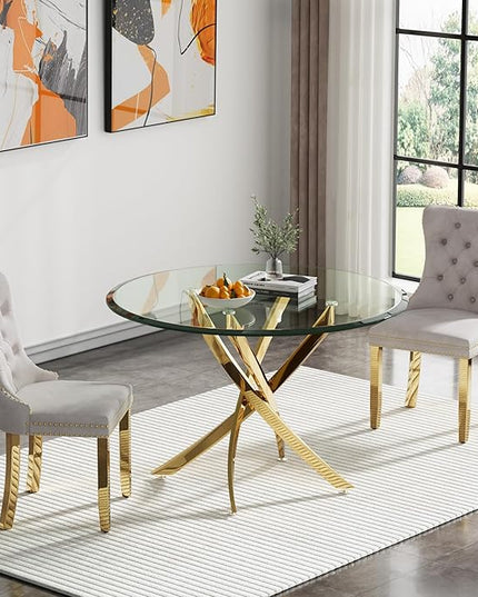 HomVent Round Glass Dining Table Set for 2, Modern Tempered Glass Kitchen Table Set and Chairs, Round Glass Dining Room Table Set for Kitchen (Gold, 36 inch Gold Table with 2 Beige Chairs)