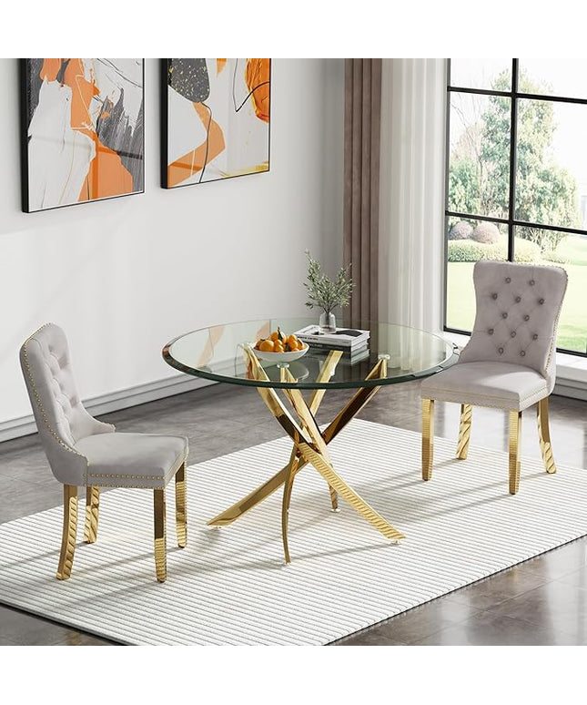 HomVent Round Glass Dining Table Set for 2, Modern Tempered Glass Kitchen Table Set and Chairs, Round Glass Dining Room Table Set for Kitchen (Gold, 36 inch Gold Table with 2 Beige Chairs)