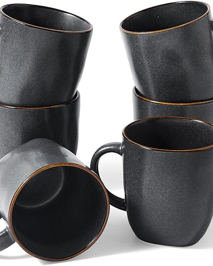 famiware Coffee Mugs Set of 6, Ocean Square 13oz Coffee Cup Set with Handle for Cocoa, Milk, Hot Chocolate, Tea, Water, Stoneware Cups for Kitchen, Microwave and Dishwasher Safe, Matte Black