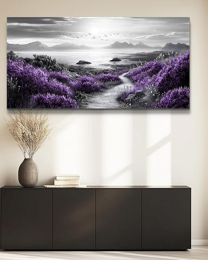 FUHAIHUA Canvas Wall Art For Living Room Large Wall Decor For Office Bedroom Decorations Purple Flowers Landscape Pictures Black And White Painting Artwork Wall Mural Aesthetic Home Decor 30x60 In