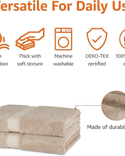 Amazon Basics Fade-Resistant 100% Cotton Bath Towel, 2 Pack, 30"x54", Taupe