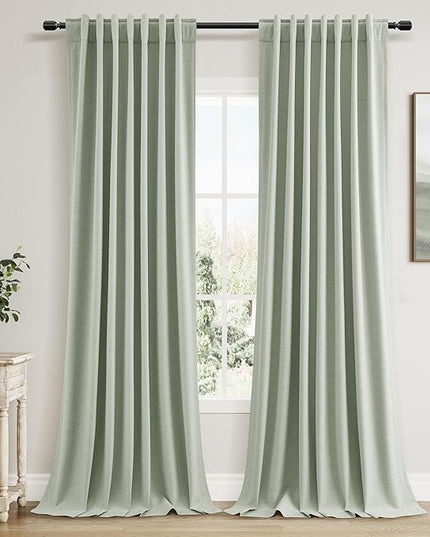 Guken Blackout Curtains 90 Inch Length 2 Panels Set for Living Room Bedroom Back Tab Thermal Insulated 100% Black Out Linen Drapes Room Darkening Window Curtains 90 Inches Long,Mist Sage