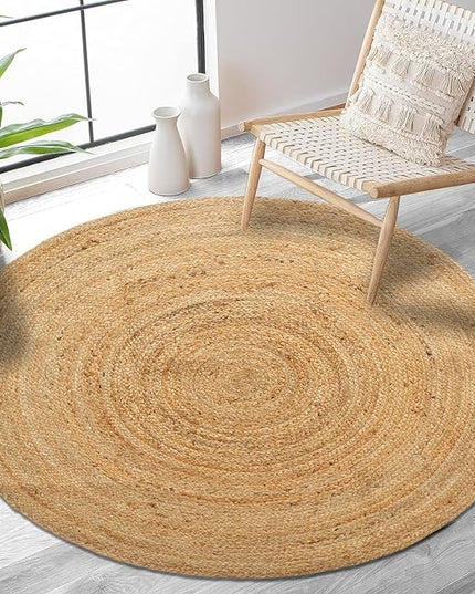 Hand Woven Jute Area Rug - 5' Round - Rustic Beige Reversible Farmhouse Rugs for Bedroom, Kitchen, Living Room - Vintage Natural Braided Entry Floor Décor Circle Boho Round Jute Rug 5 Foot